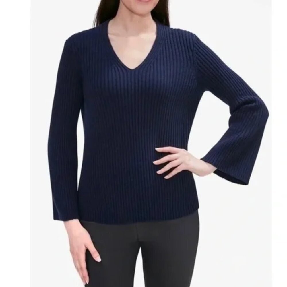 MM Lafleur The Min Sweater Cashmere Merino Wool Knit Rib V Neck Navy Blue Small